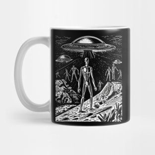 Black and White Alien UFO Invasion Art - Monochromatic Extraterrestrial Design Mug